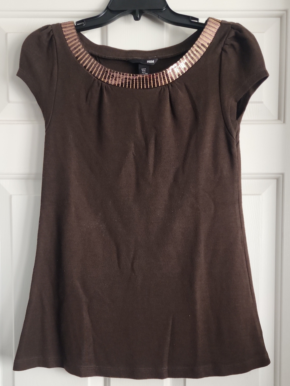 H&M Brown Short Sleeve Tunic with Copper Sequin Neckband